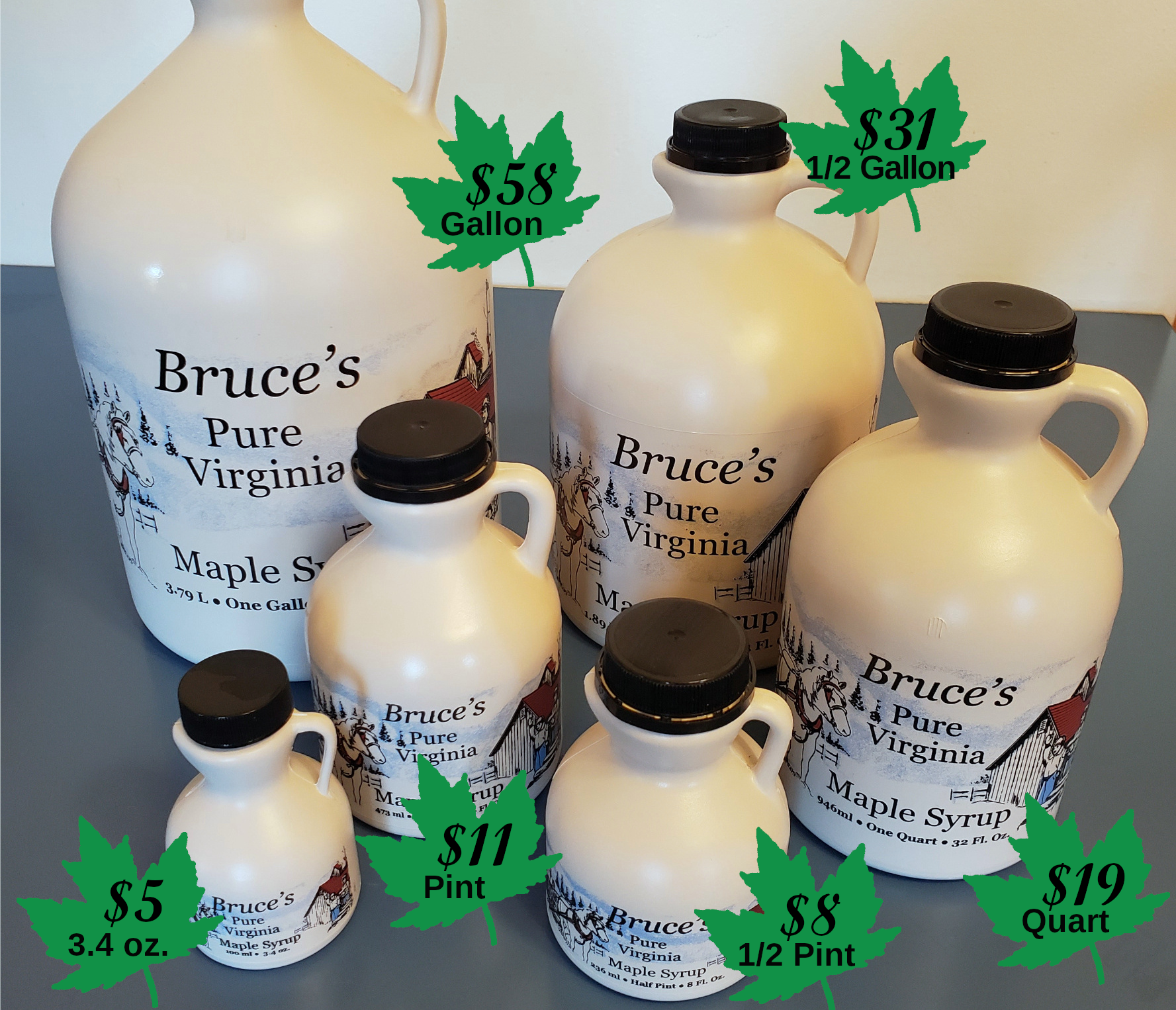 Plastic bottles of Highland County maple syrup from Bruce's Syrup and Candies in Blue Grass, Virginia