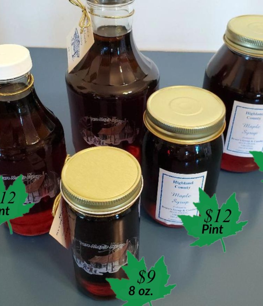 Glass Jars containing Highland County Maple Syrup from Bruce's Syrup and Candies