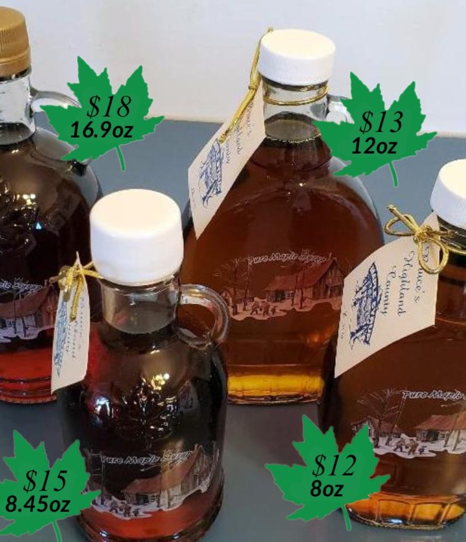 Handle bottles of Highland County Maple Syrup