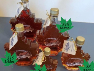 GLASS LEAF BOTTLES Leaf glass bottles filled with Maple Syrup