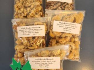 MAPLE ROASTED NUTS Maple roasted walnuts, pecans, mixed nuts, cashews and peanuts, $5 per 4oz bag